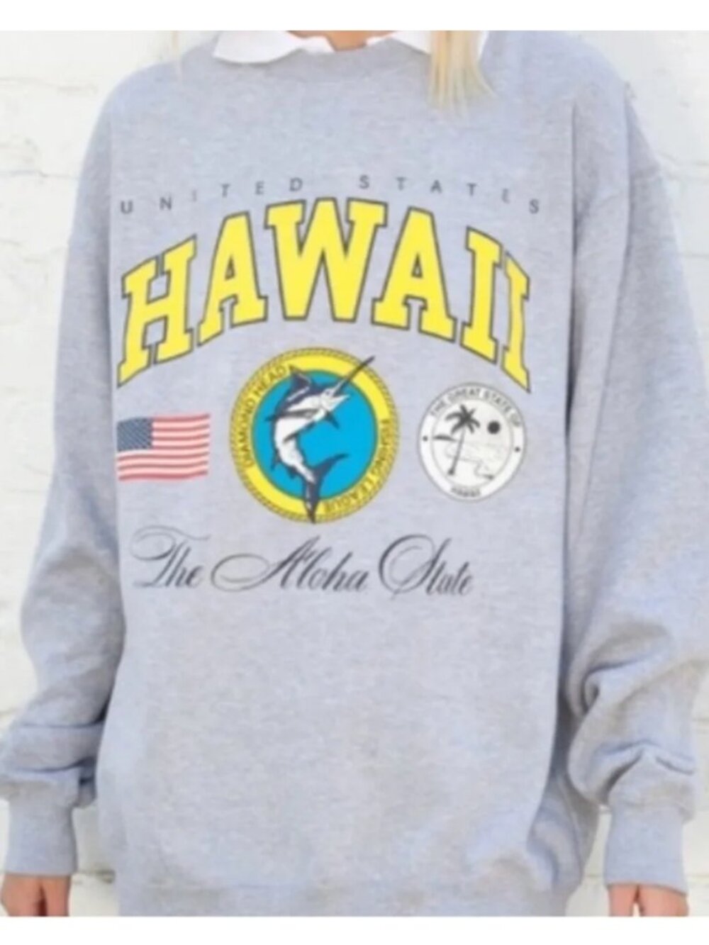 Brandy Melville J. Galt HAWAII Women's Sweatshirt Pullover Crew Neck Gray Yellow